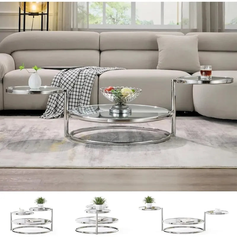 3 Tiers Round and Glass Coffee Table with 360 Degrees Rotating Top