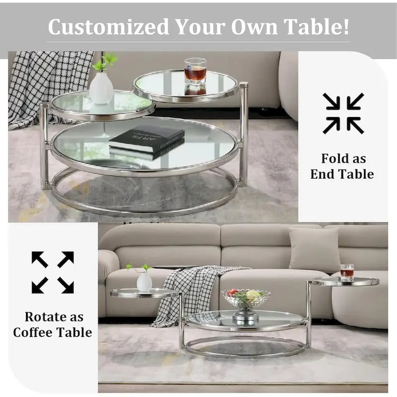3 Tiers Round and Glass Coffee Table with 360 Degrees Rotating Top
