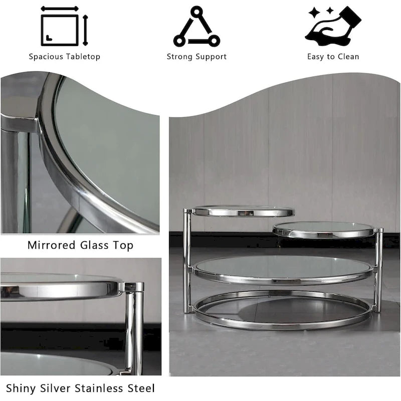 3 Tiers Round and Glass Coffee Table with 360 Degrees Rotating Top