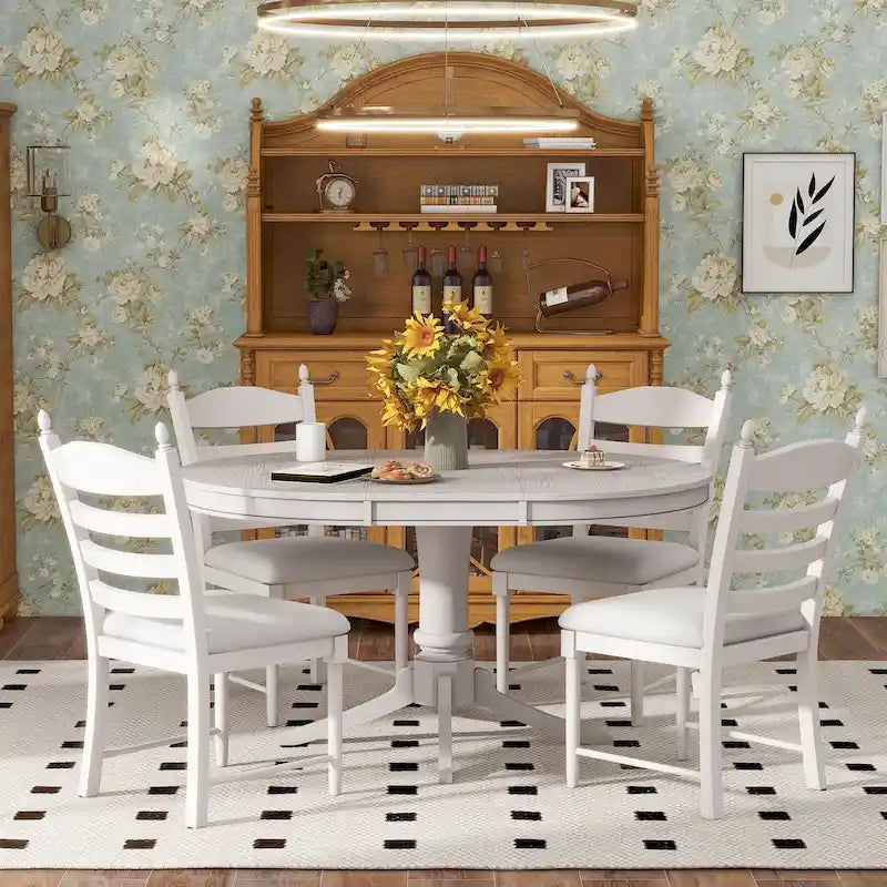 5-Piece Retro Functional Dining Table Set Wood Round Extendable Dining Table and 4 Upholstered Dining Chairs