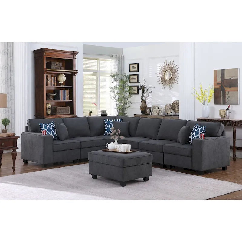 7 Piece L-Shape Sectional Sofa with Ottoman in Stone Gray