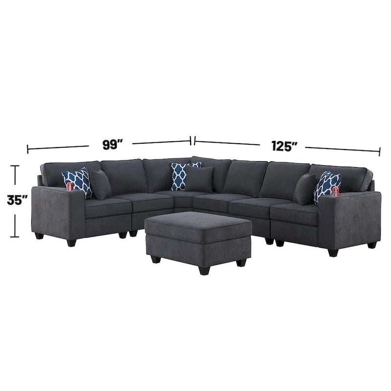 7 Piece L-Shape Sectional Sofa with Ottoman in Stone Gray