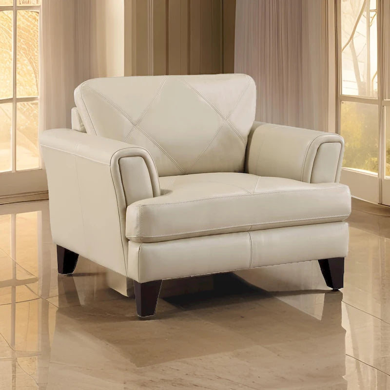 Lisa 38 Inch Accent Chair, Cream Top Grain and Split Leather, Solid Wood