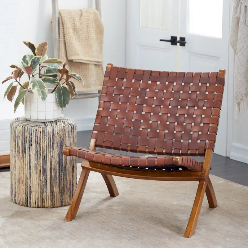 Leather Woven Folding Chair with Brown Wood Frame - Black or Brown - Roche River Decor