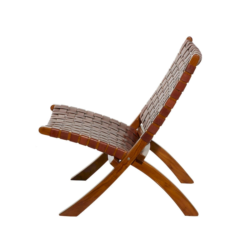 Leather Woven Folding Chair with Brown Wood Frame - Black or Brown - Roche River Decor