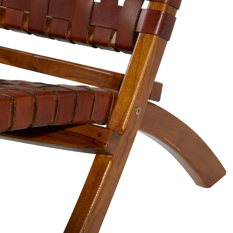 Leather Woven Folding Chair with Brown Wood Frame - Black or Brown - Roche River Decor