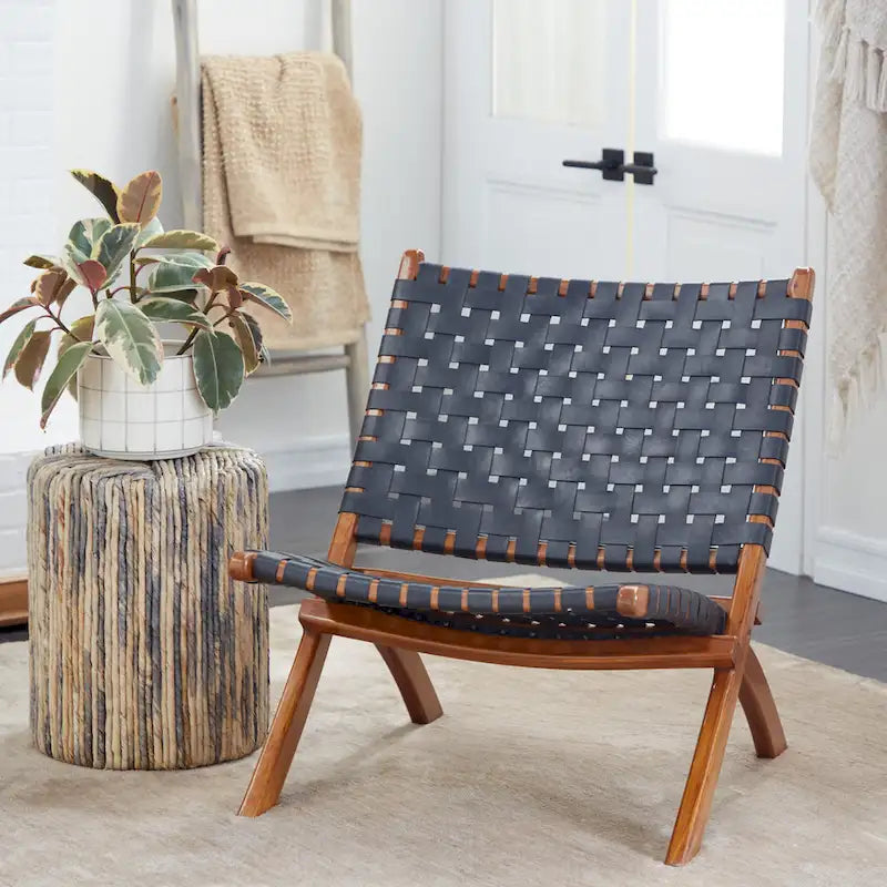 Leather Woven Folding Chair with Brown Wood Frame - Black or Brown - Roche River Decor