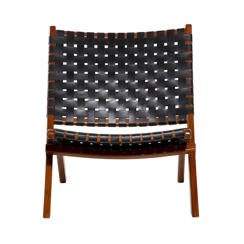 Leather Woven Folding Chair with Brown Wood Frame - Black or Brown - Roche River Decor