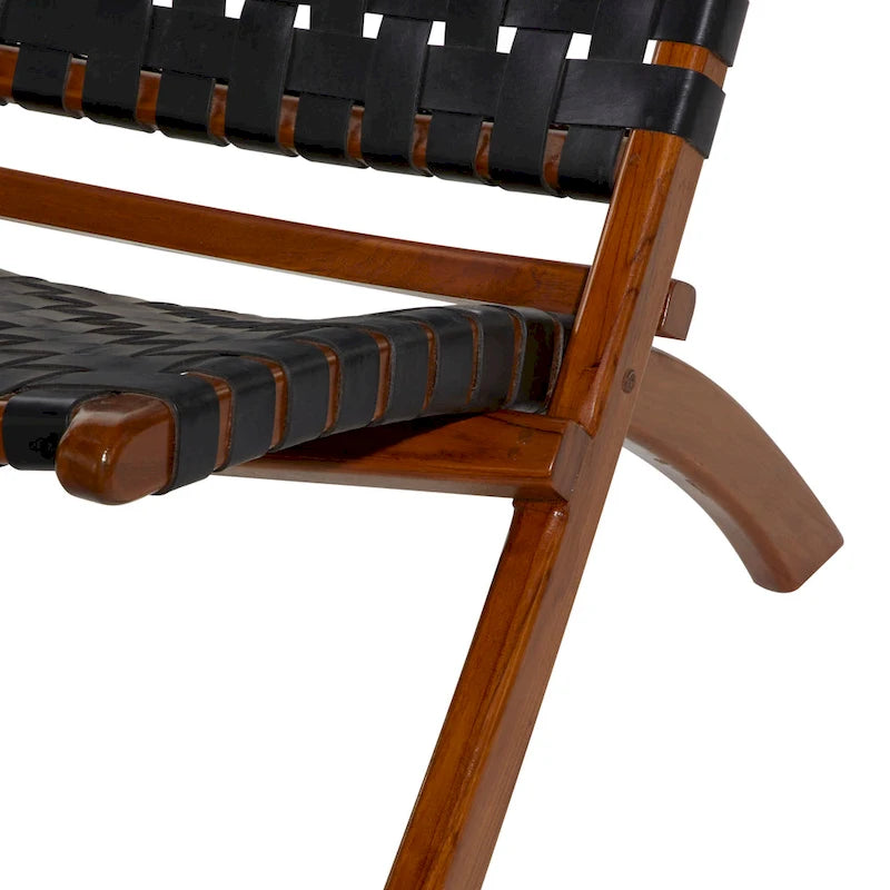 Leather Woven Folding Chair with Brown Wood Frame - Black or Brown - Roche River Decor