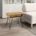 24 Inch Modern Side End Table, Golden Oak Wood, Black Metal Hairpin Legs