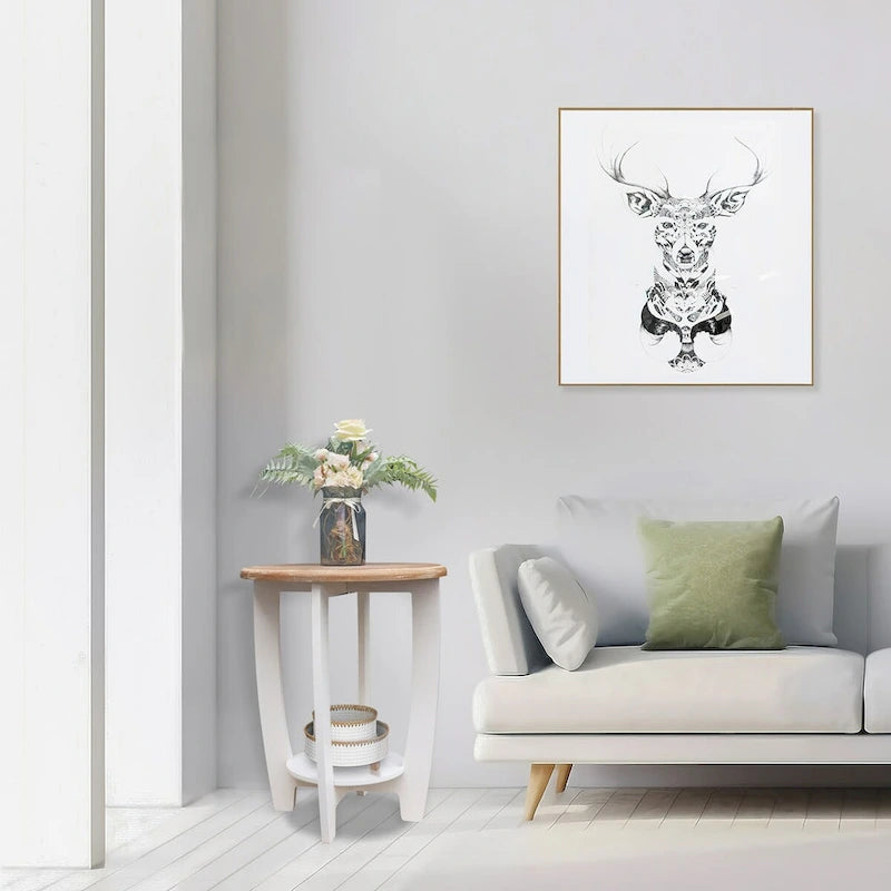 2 Tiers Wooden Round Side Table,White and Brown