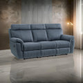 Cliff 85 Inch Manual Reclining Sofa, Blue Microfiber, Solid Wood, Metal