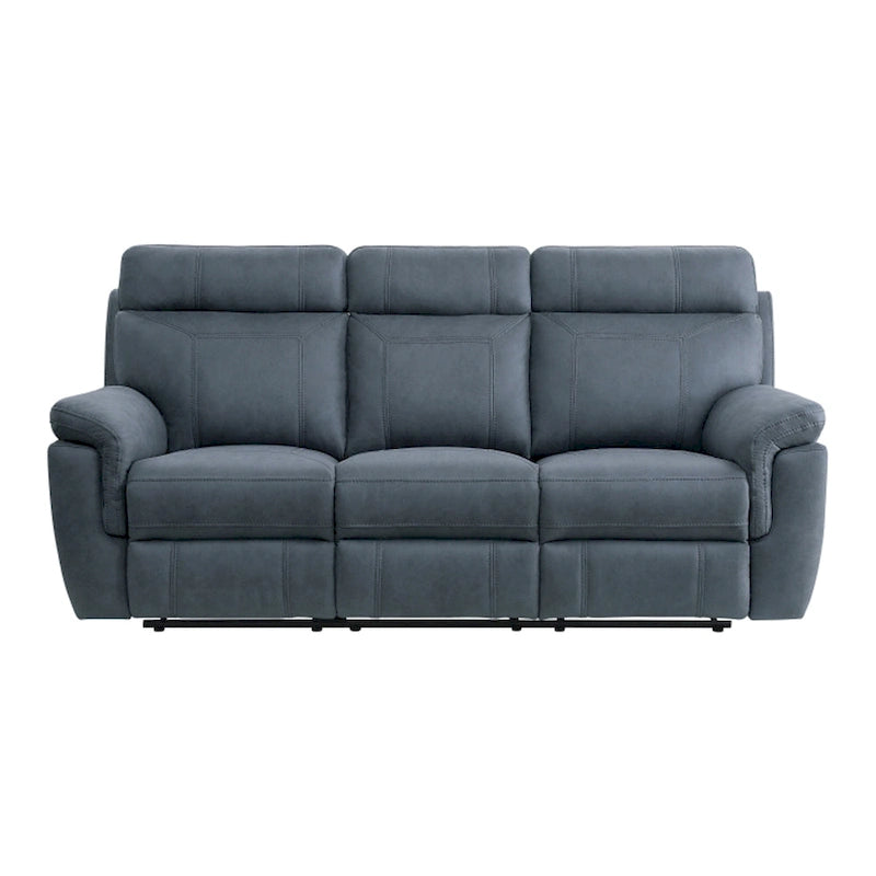 Cliff 85 Inch Manual Reclining Sofa, Blue Microfiber, Solid Wood, Metal