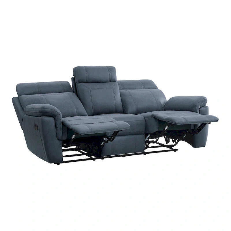 Cliff 85 Inch Manual Reclining Sofa, Blue Microfiber, Solid Wood, Metal