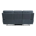 Cliff 85 Inch Manual Reclining Sofa, Blue Microfiber, Solid Wood, Metal