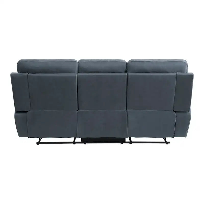 Cliff 85 Inch Manual Reclining Sofa, Blue Microfiber, Solid Wood, Metal