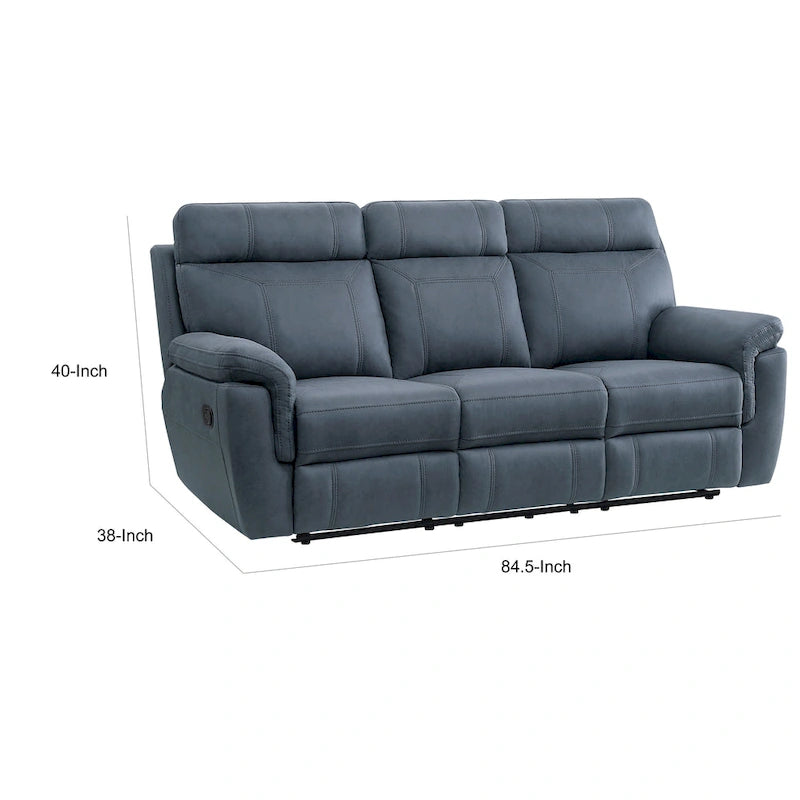 Cliff 85 Inch Manual Reclining Sofa, Blue Microfiber, Solid Wood, Metal