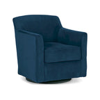 Leena Swivel Accent Chair, Blue Velvet, Shelter Style Arms, Black Wood