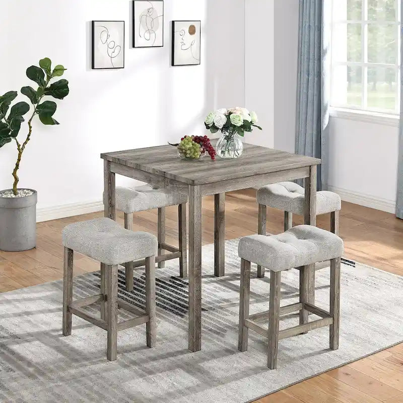 5-Piece Dining Table Set, Wood Square Table and 4 Upholstered Chairs