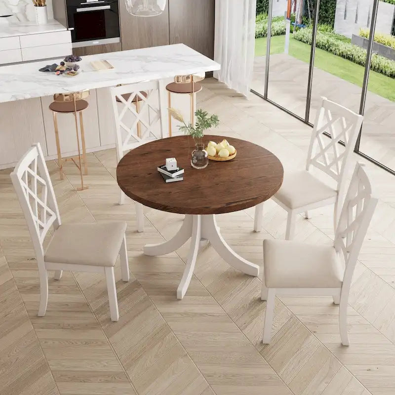 5-Piece Round Dining Table Set with Upholstered Chairs