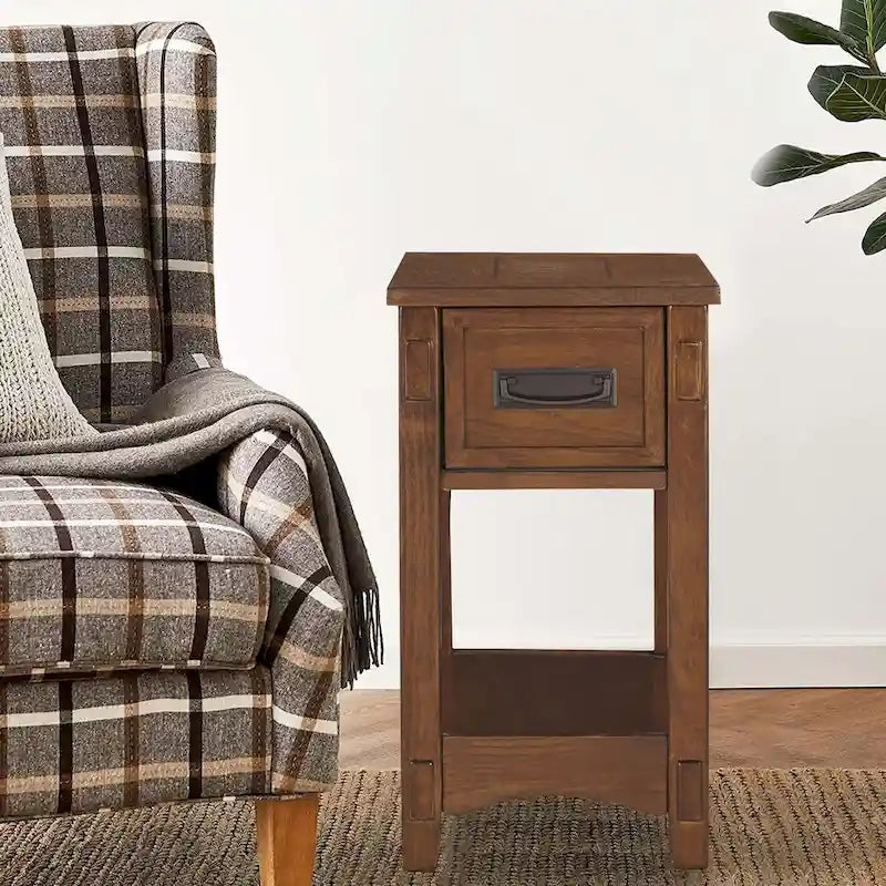 1 Drawer Chair Side End Table with Open Bottom Shelf, Brown