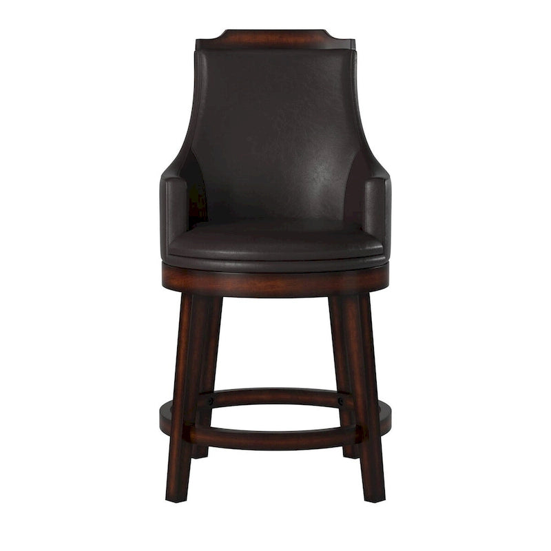 Wood & Leather Counter Height Chair with Swivel Mechanism, Brown & Black, Set of 2