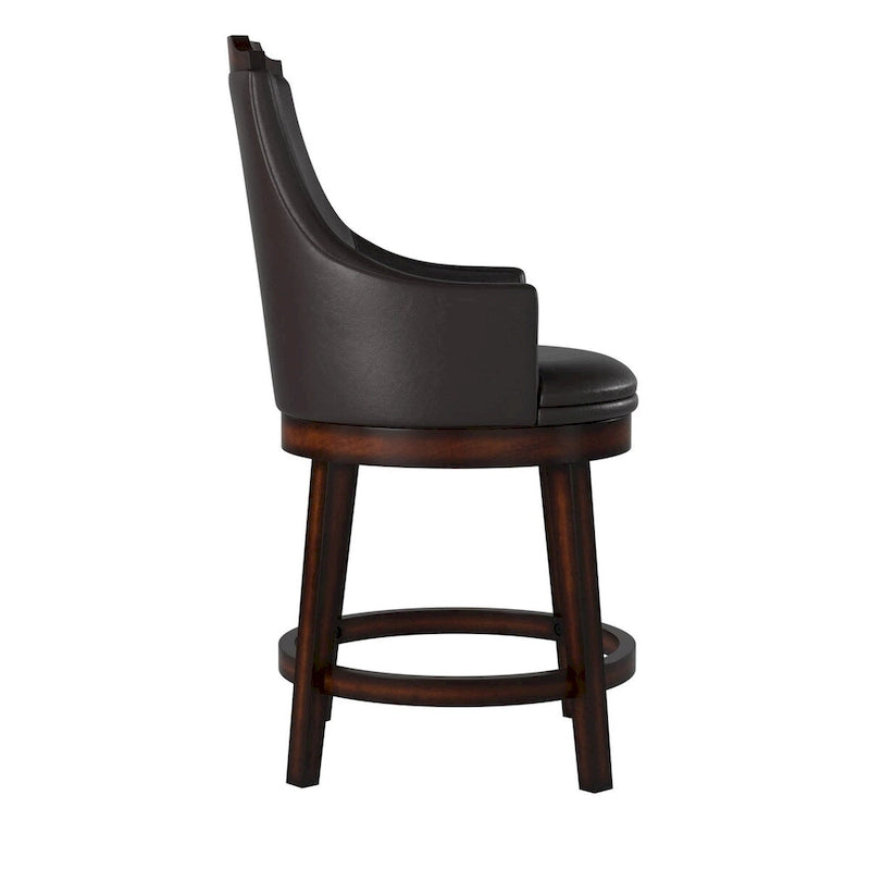 Wood & Leather Counter Height Chair with Swivel Mechanism, Brown & Black, Set of 2