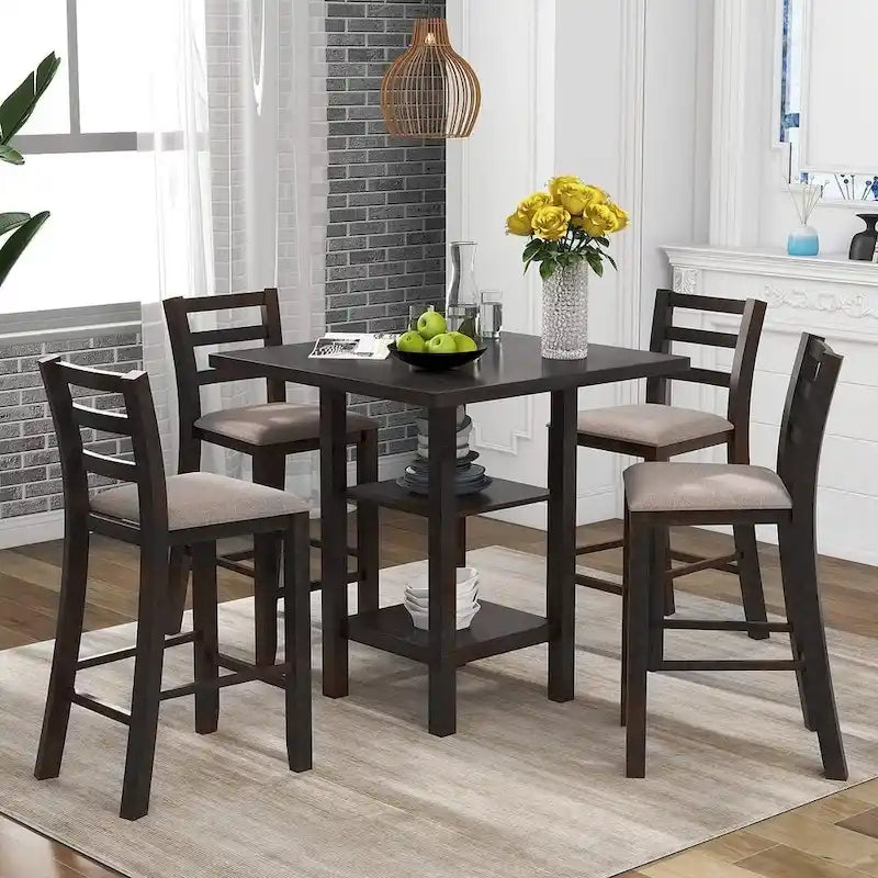5 PCS Wooden Counter Height Dining Set with Padded Chairs and Storage Shelving