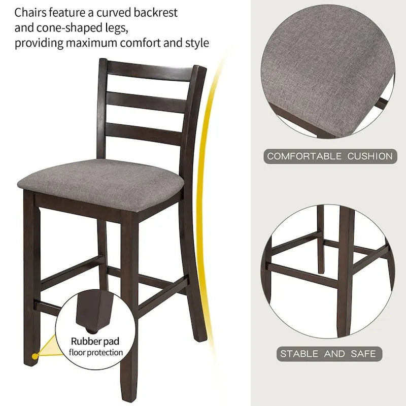 5 PCS Wooden Counter Height Dining Set with Padded Chairs and Storage Shelving