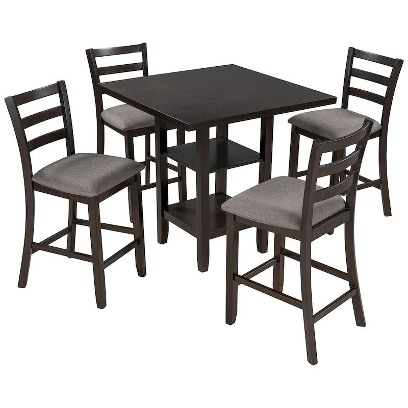 5 PCS Wooden Counter Height Dining Set with Padded Chairs and Storage Shelving