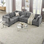 Grey Chenille L-shaped Modular Sectional Sofa with Three Single Chairs and Three Corners - 116W x 89.5D x 36.5H