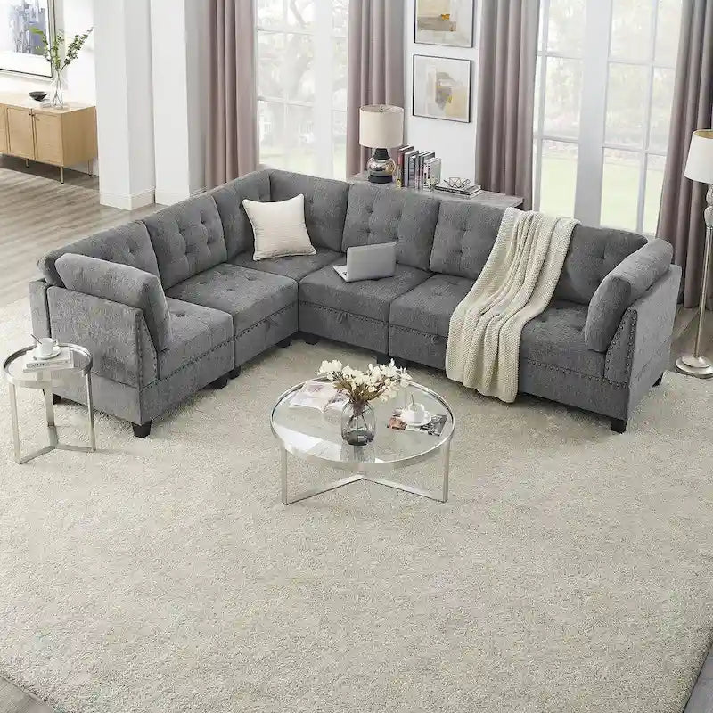 Grey Chenille L-shaped Modular Sectional Sofa with Three Single Chairs and Three Corners - 116W x 89.5D x 36.5H