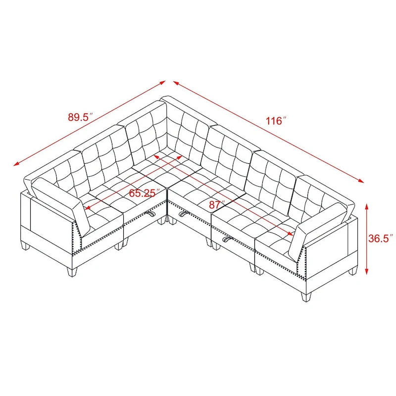 Grey Chenille L-shaped Modular Sectional Sofa with Three Single Chairs and Three Corners - 116W x 89.5D x 36.5H