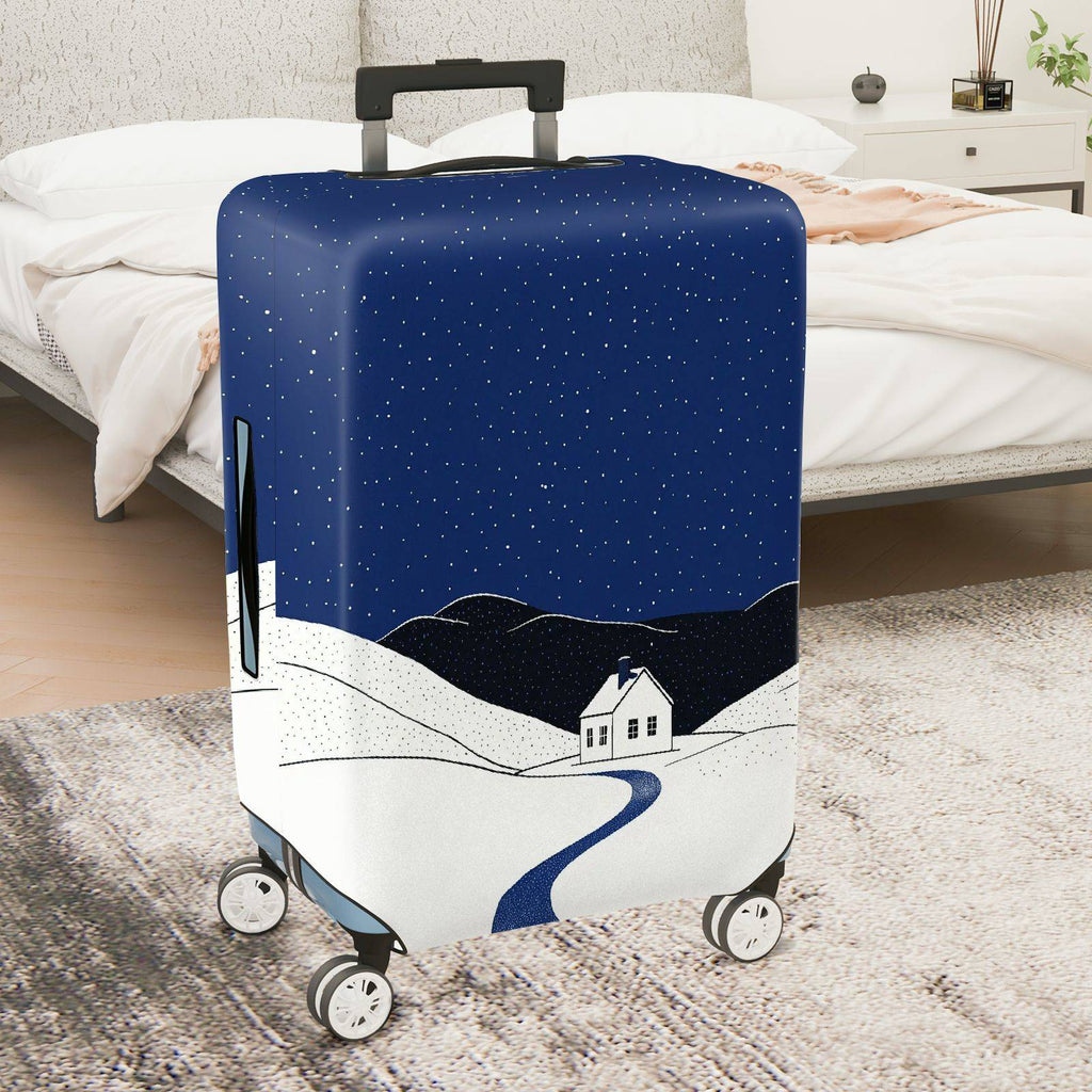 1-Piece Snowy Night Winter Holiday House Scenic Blue  Suitcase Luggage Cover, Stretch Protective Sleeve