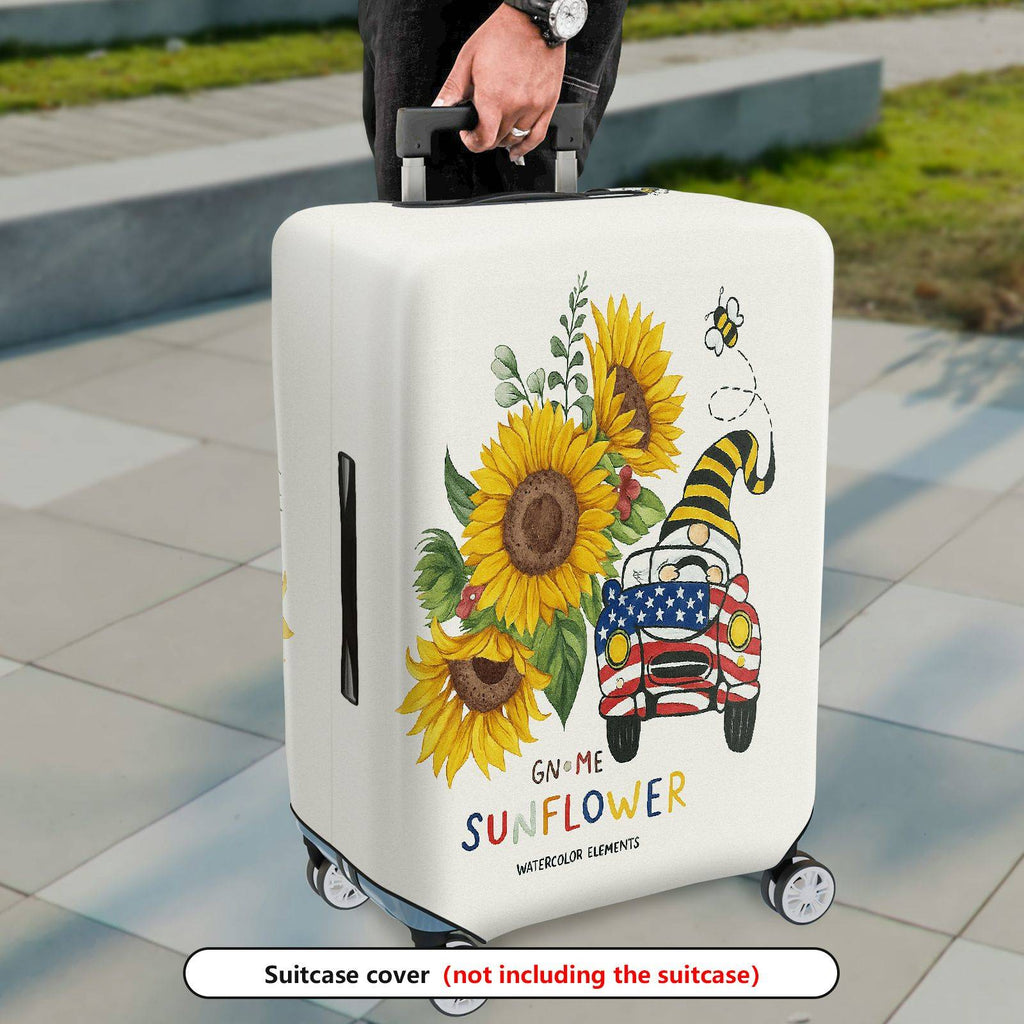 1-Piece Sunflower American Flag Gnome Car Artistic Travel Design  Suitcase Luggage Cover, Stretch Protective Sleeve