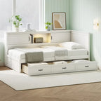 Twin Size L-Shaped Bed Frame with Drawer and and Bookcase,Corner Bed Wooden Captain Bed with Led Downlight and USB Port