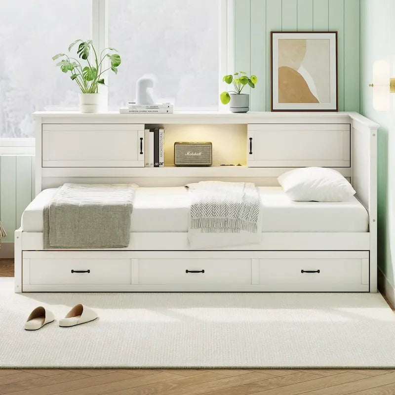 Twin Size L-Shaped Bed Frame with Drawer and and Bookcase,Corner Bed Wooden Captain Bed with Led Downlight and USB Port