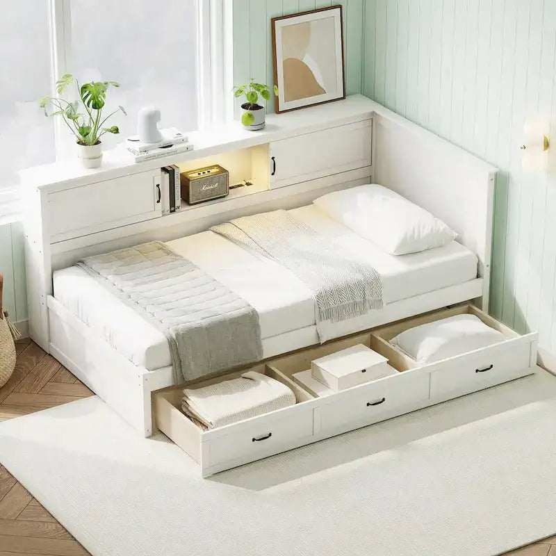Twin Size L-Shaped Bed Frame with Drawer and and Bookcase,Corner Bed Wooden Captain Bed with Led Downlight and USB Port