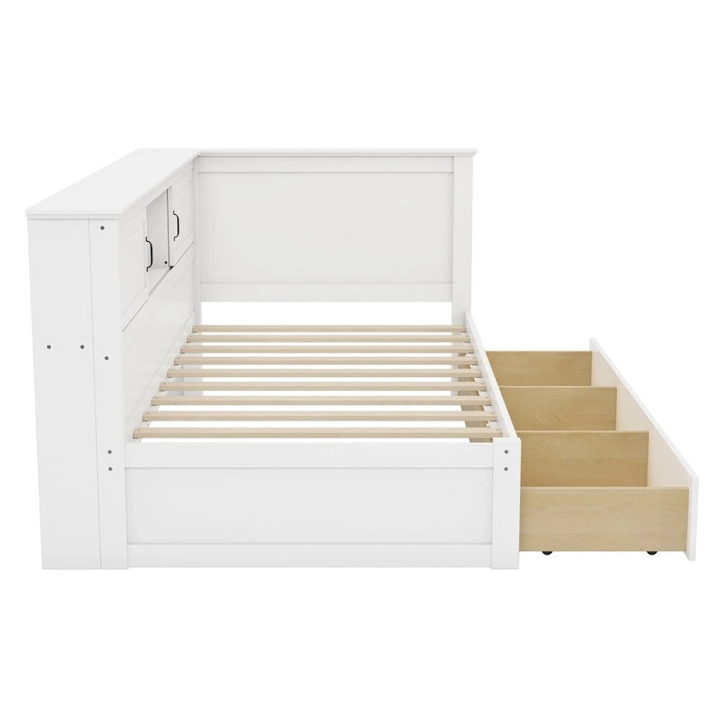 Twin Size L-Shaped Bed Frame with Drawer and and Bookcase,Corner Bed Wooden Captain Bed with Led Downlight and USB Port