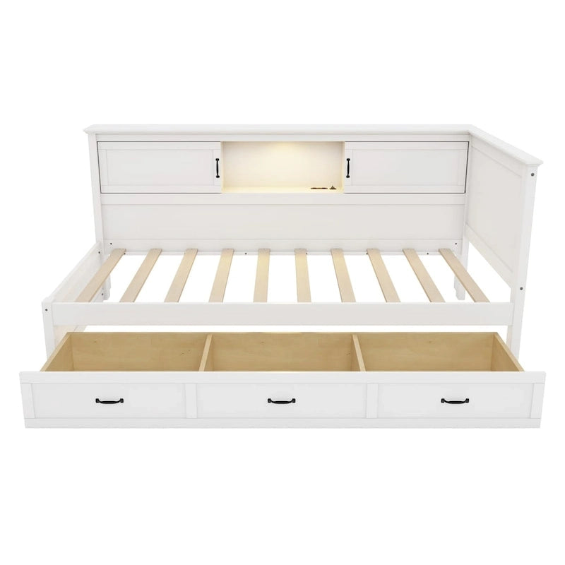 Twin Size L-Shaped Bed Frame with Drawer and and Bookcase,Corner Bed Wooden Captain Bed with Led Downlight and USB Port