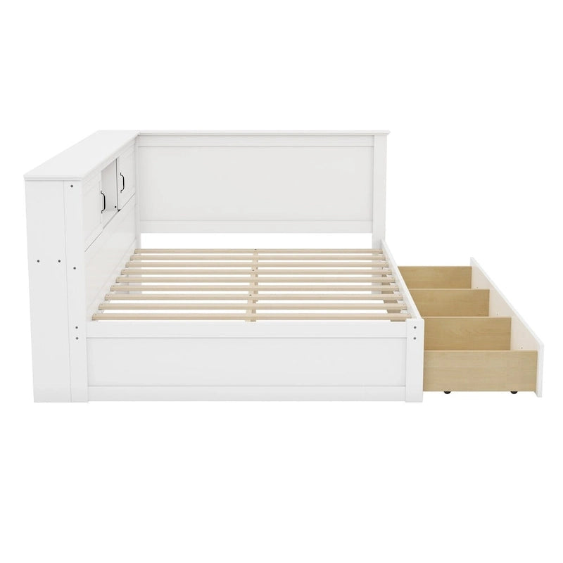 Twin Size L-Shaped Bed Frame with Drawer and and Bookcase,Corner Bed Wooden Captain Bed with Led Downlight and USB Port