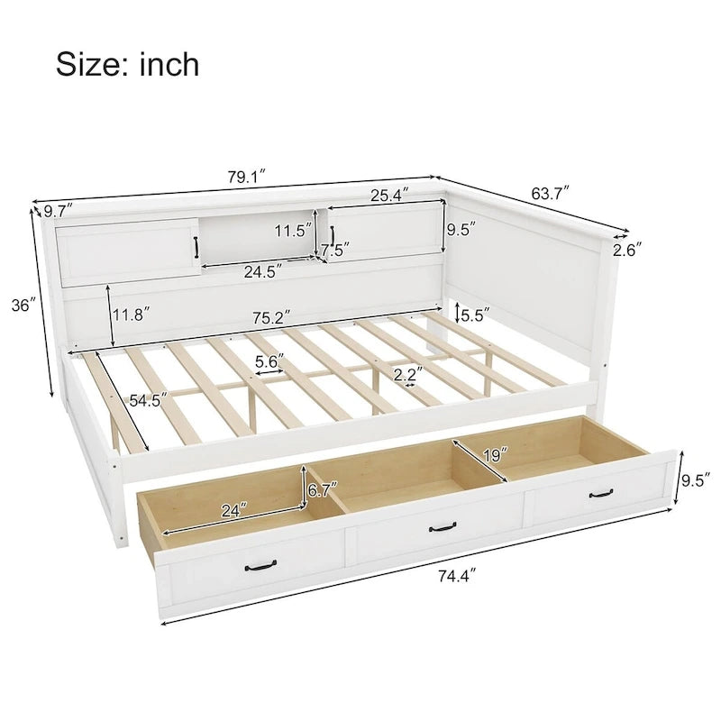 Twin Size L-Shaped Bed Frame with Drawer and and Bookcase,Corner Bed Wooden Captain Bed with Led Downlight and USB Port