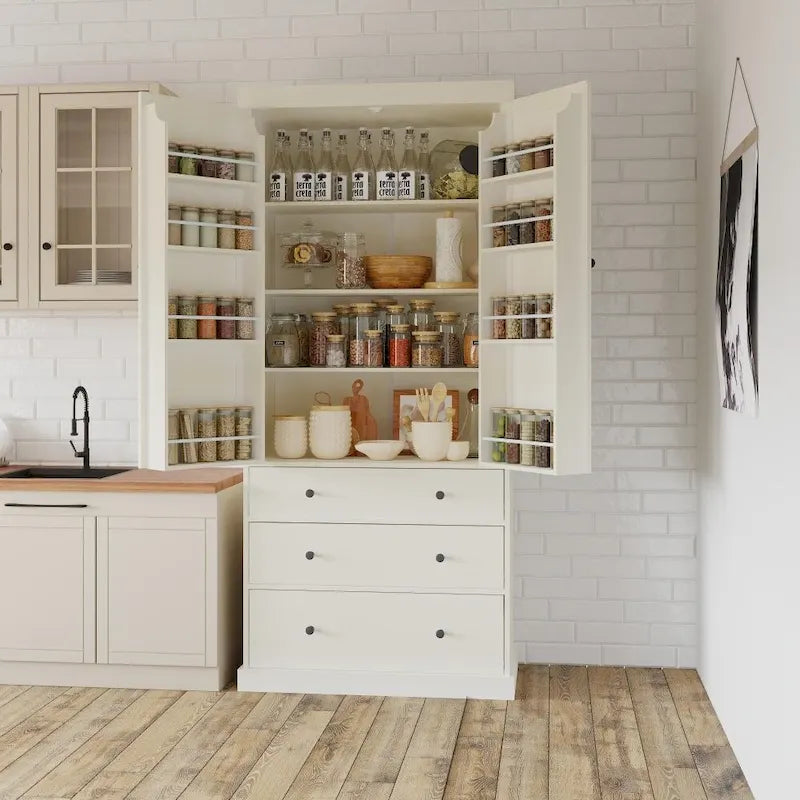 77 Inch Farmhouse Kitchen Pantry, Freestanding Tall Cupboard Storage Cabinet