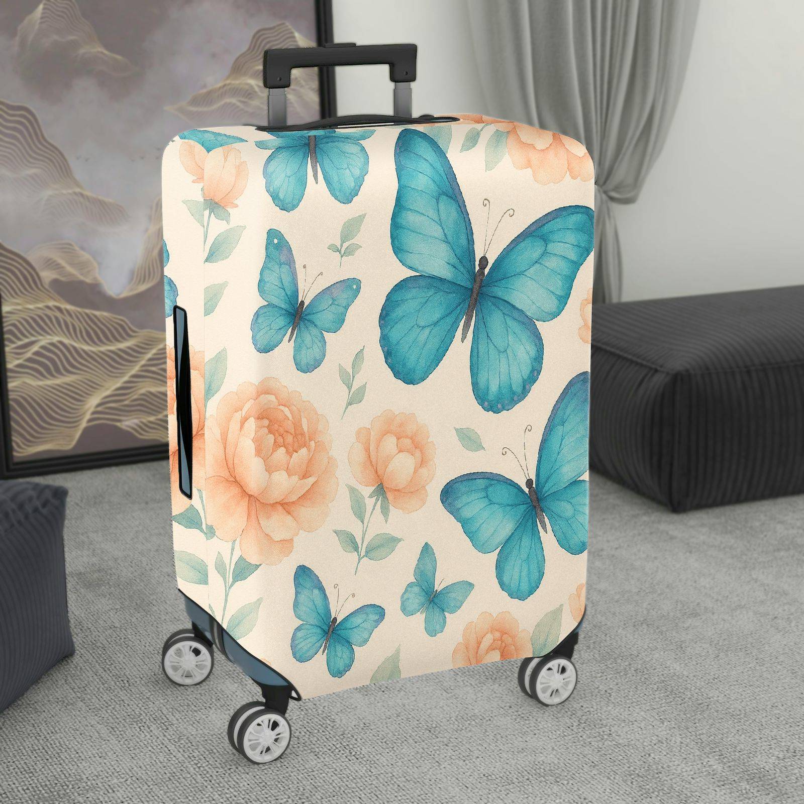 1-Piece Butterfly Floral Pastel Travel Luggage  Suitcase Luggage Cover, Stretch Protective Sleeve