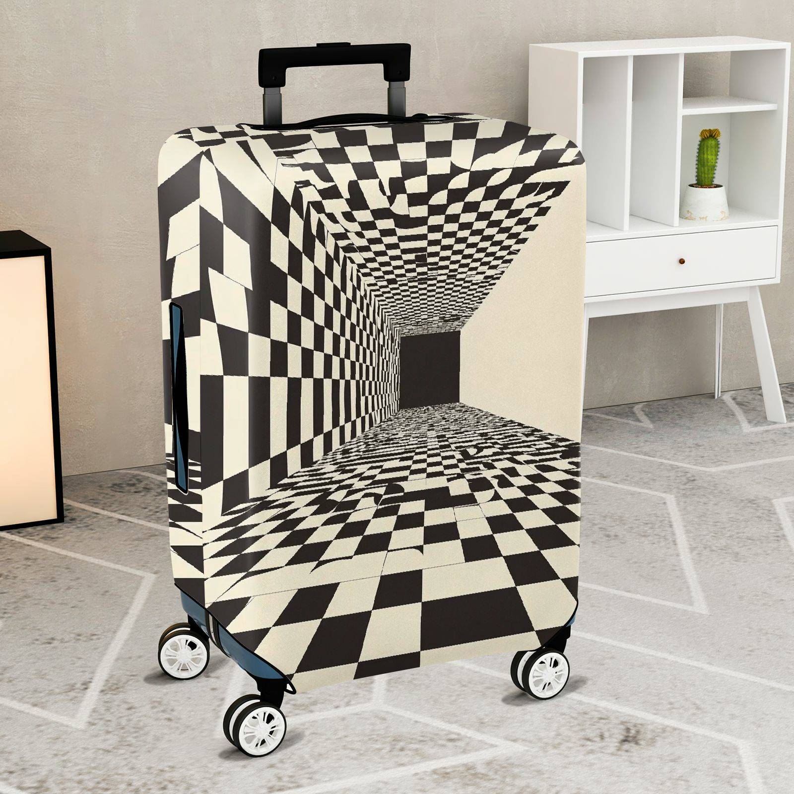 1-Piece Geometric Optical Illusion Black White Checkerboard Abstract  Suitcase Luggage Cover, Stretch Protective Sleeve