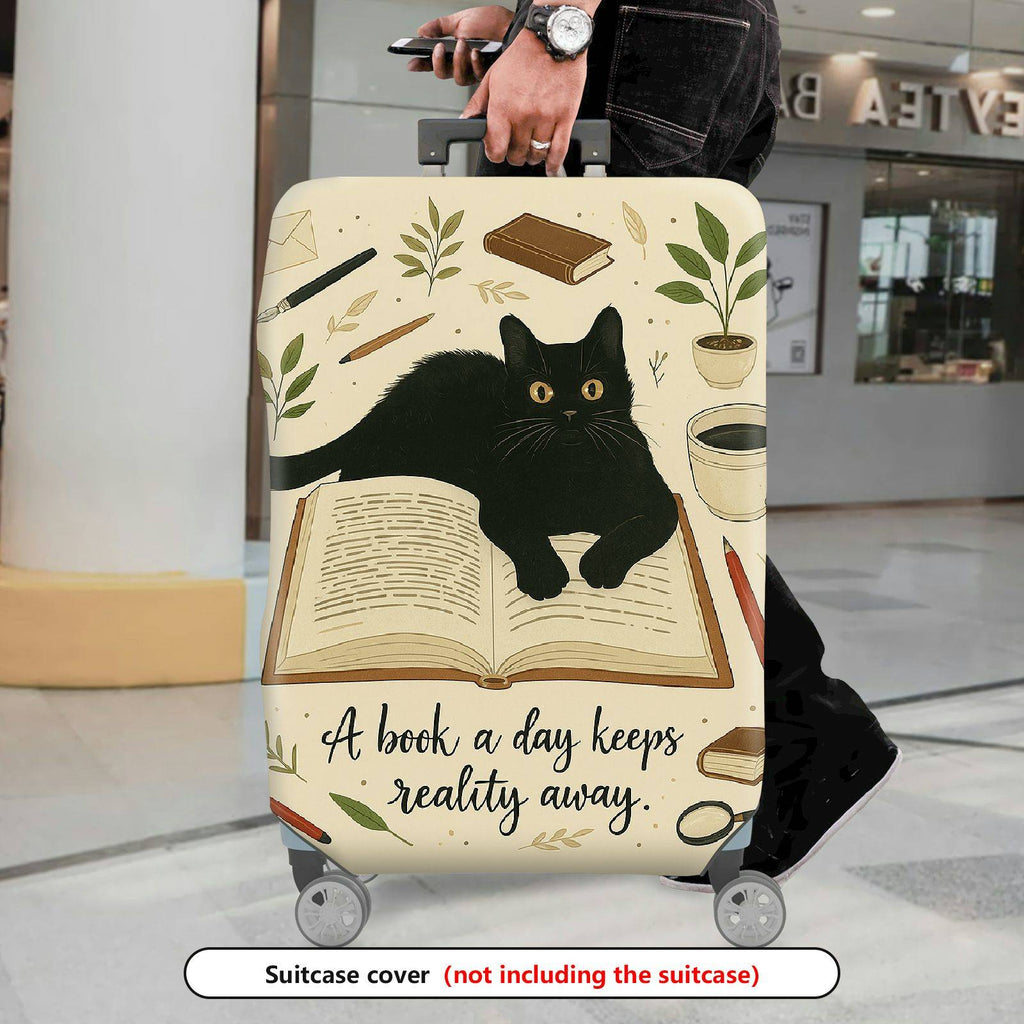 1-Piece Black Cat Book Plant Coffee Pen Artistic Vintage  Suitcase Luggage Cover, Stretch Protective Sleeve