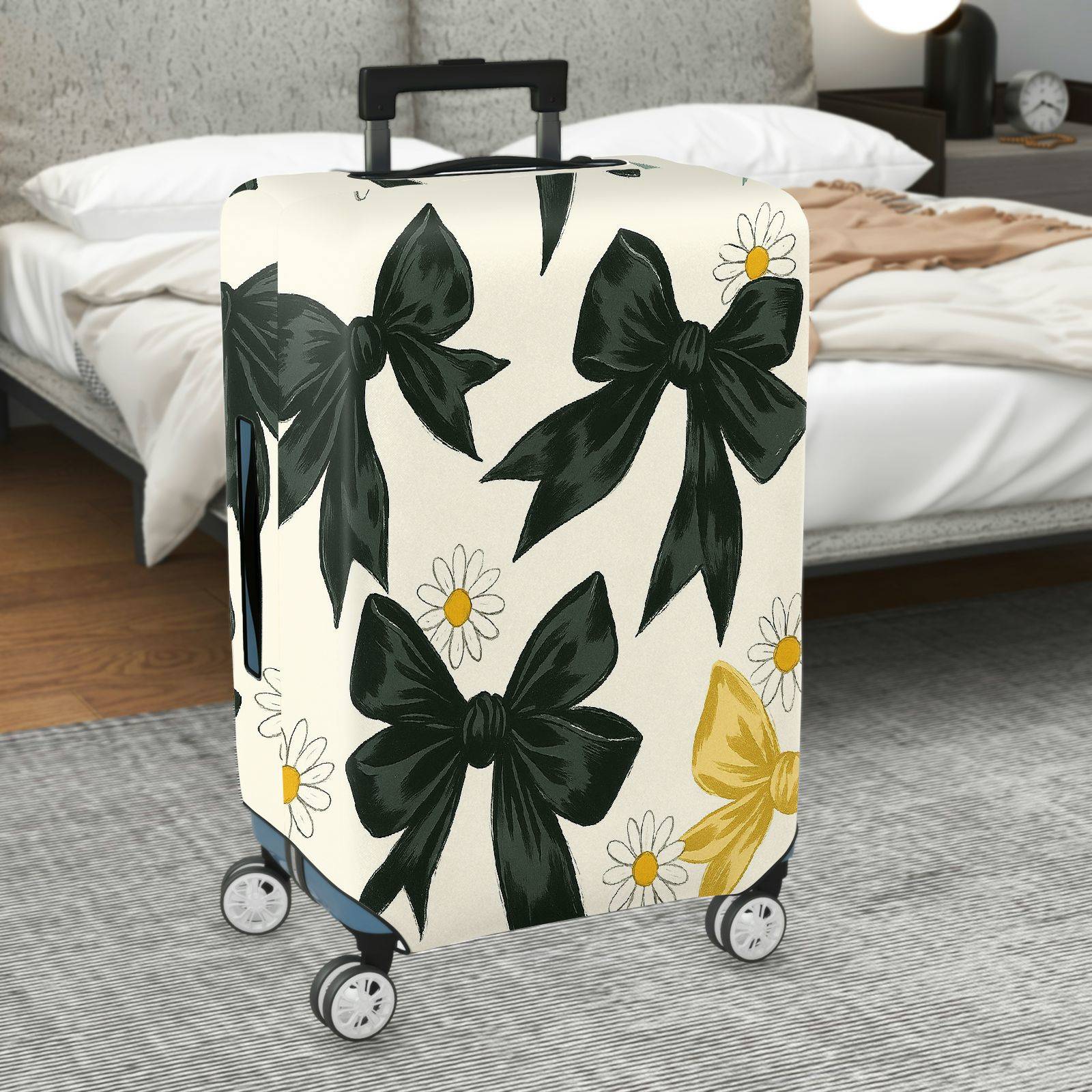 1-Piece Elegant Black Bow Daisy Floral Leaf  Suitcase Luggage Cover, Stretch Protective Sleeve
