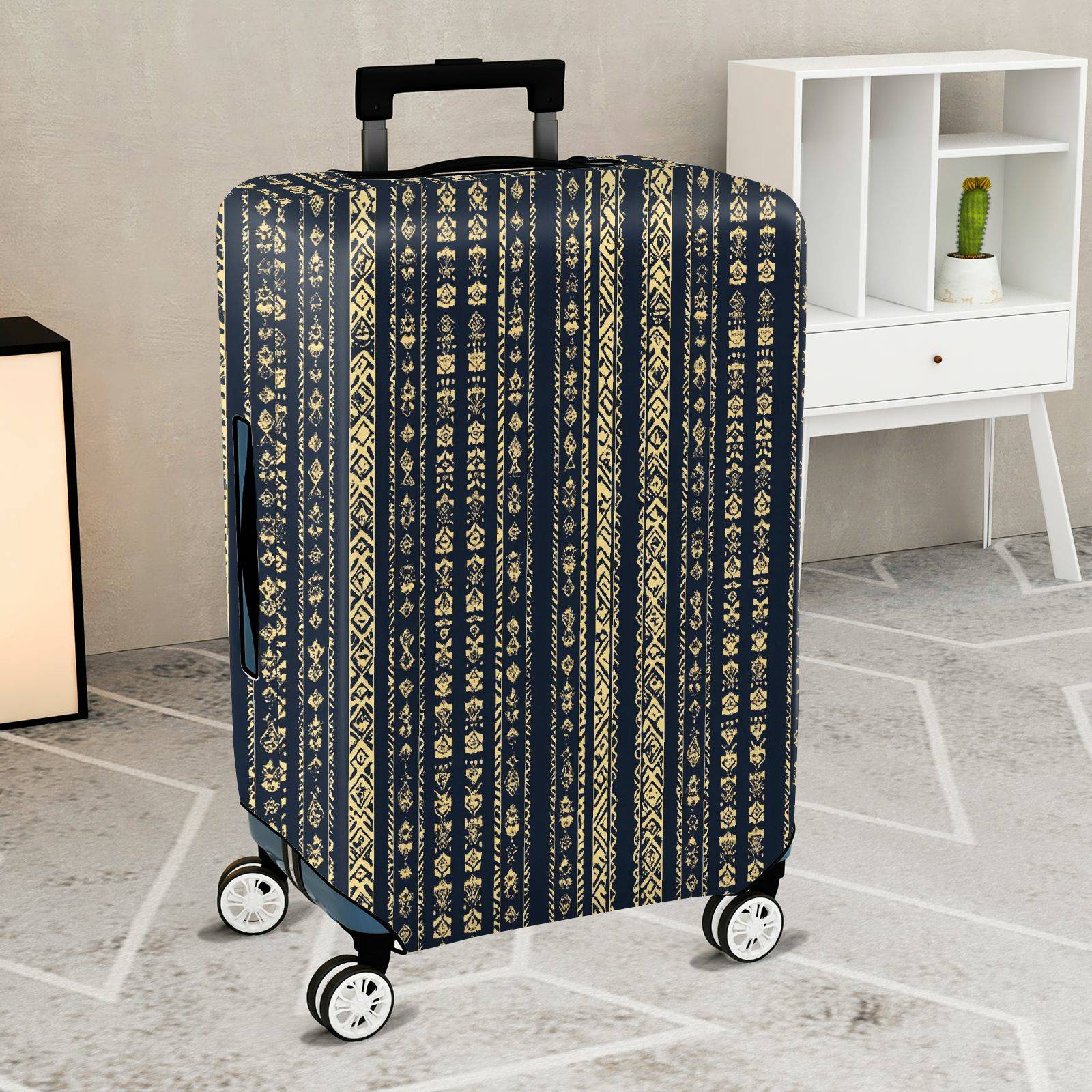 1-Piece Elegant Geometric Pattern Vertical Stripes Blue Gold  Suitcase Luggage Cover, Stretch Protective Sleeve