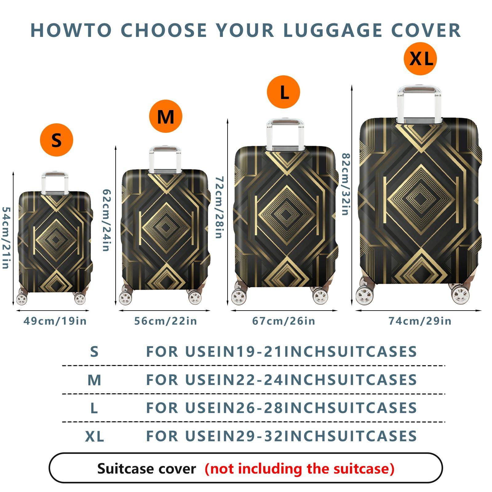 1-Piece Geometric Black Gold Diamond Pattern Abstract Modern Elegant  Suitcase Luggage Cover, Stretch Protective Sleeve