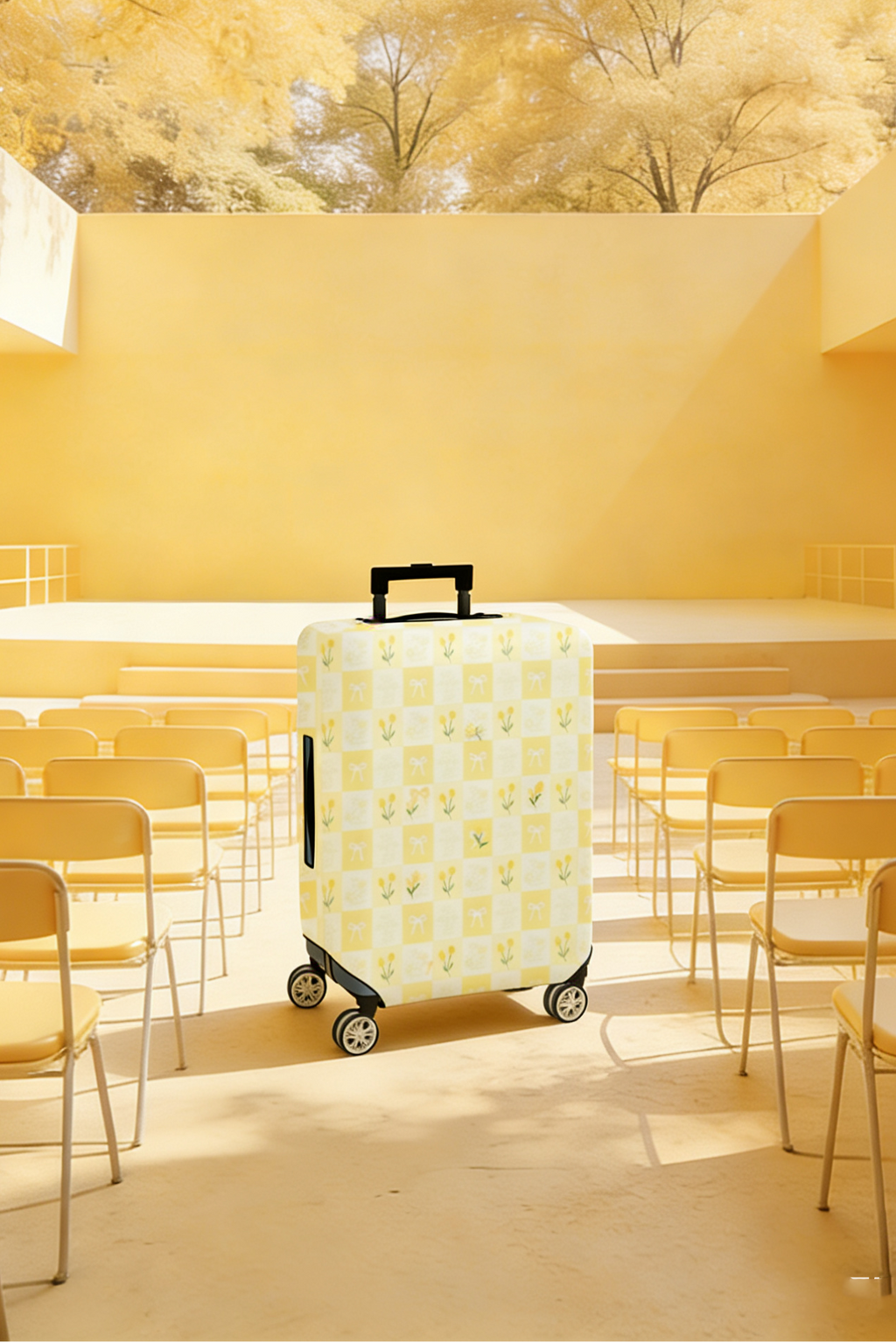 1-Piece Yellow Floral Checkered Bow Spring Pattern  Suitcase Luggage Cover, Stretch Protective Sleeve